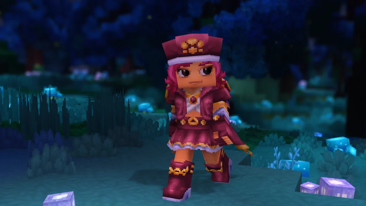 Personnage Hytale portant le Popstar Set, un ensemble cosmétique coloré avec tenue stylisée et accessoires décoratifs