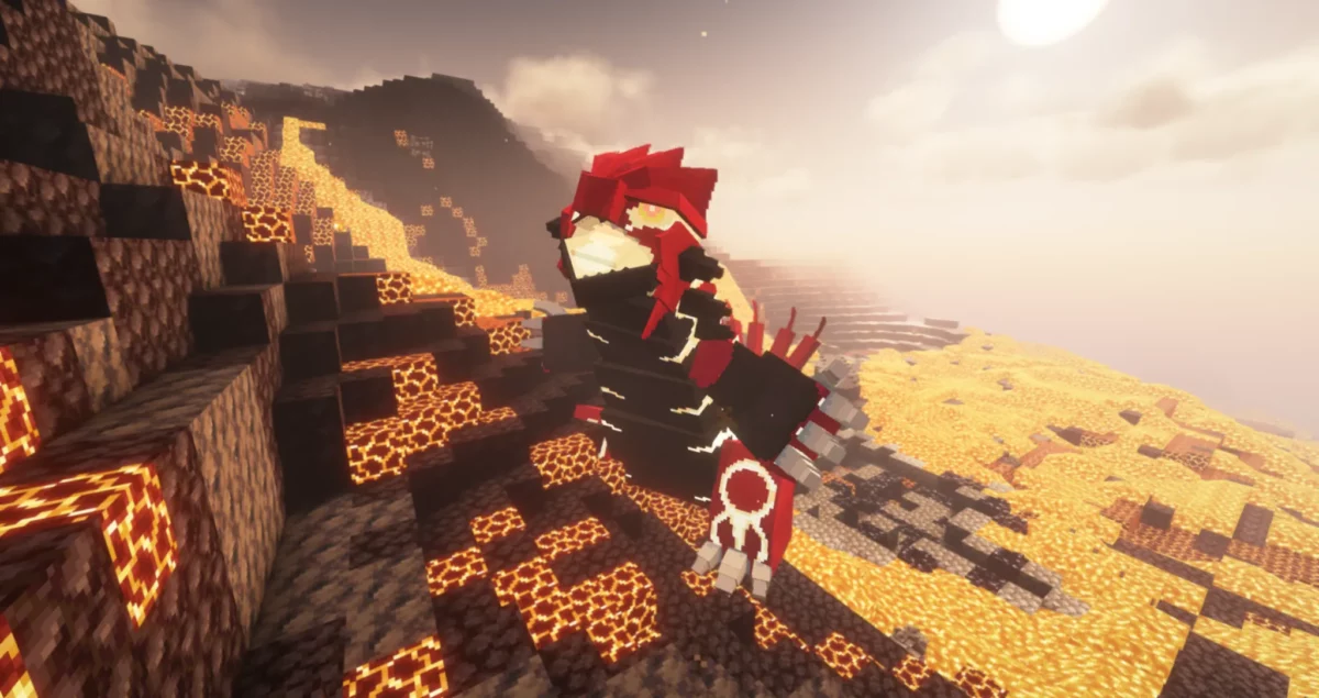 Primal Groudon évoluant dans un biome volcanique rempli de lave dans le mod Minecraft Cobblemon: Mega Showdown.