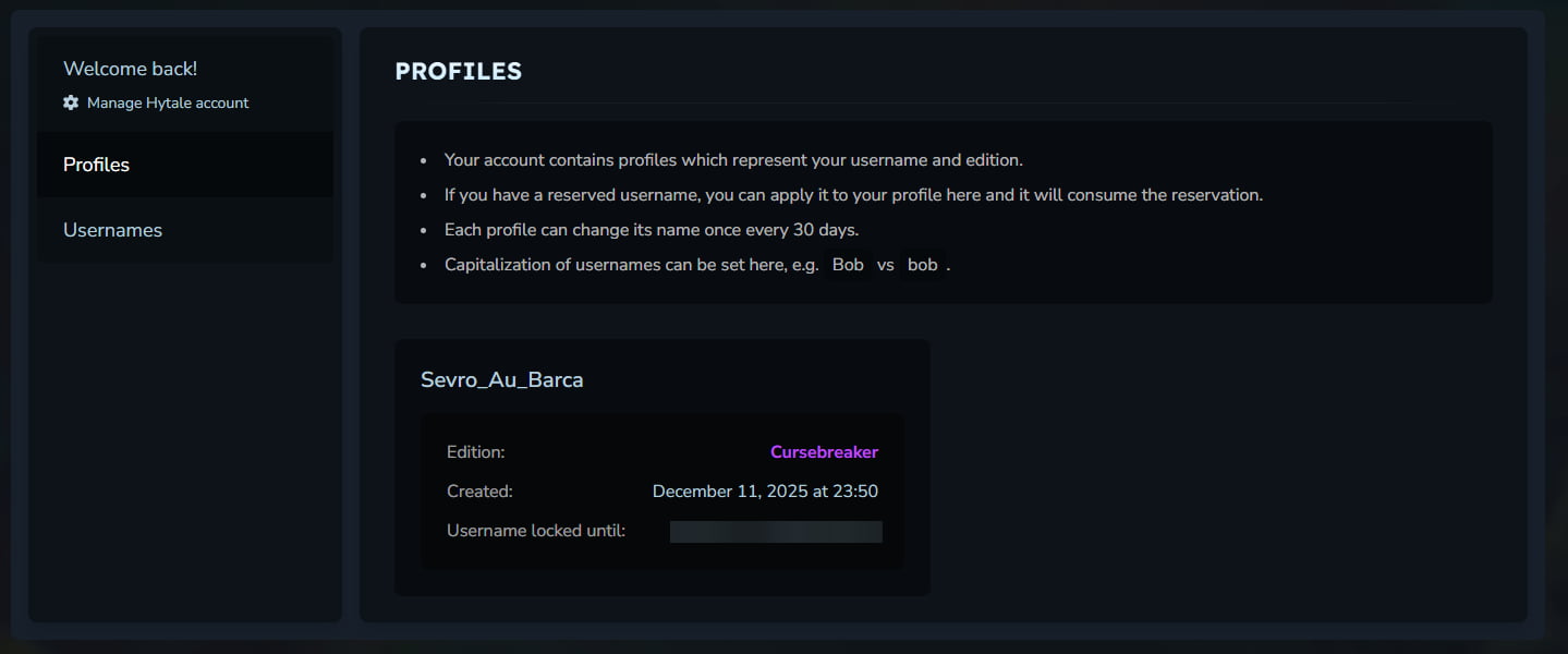 Page de profil Hytale affichant l’édition Cursebreaker associée au compte après l’achat