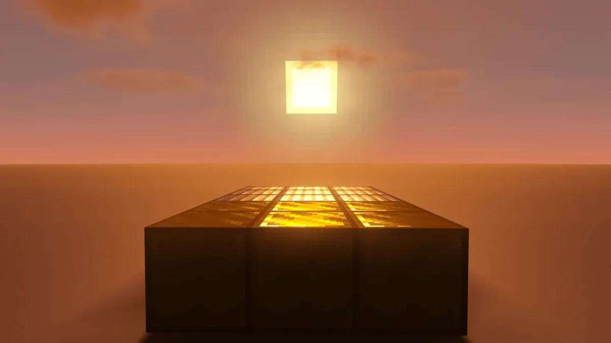Bloc de verre doré éclairé par un soleil couchant dans Minecraft, avec des reflets intenses produits par le shader LITE shaders MakeUp edit.