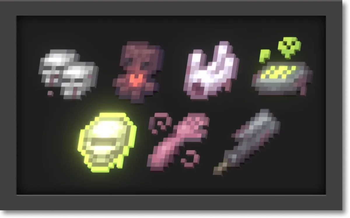 mod Minecraft Sons Of Sins montrant les reliques uniques obtenues après avoir vaincu les incarnations des péchés capitaux, chacune conférant un pouvoir spécifique