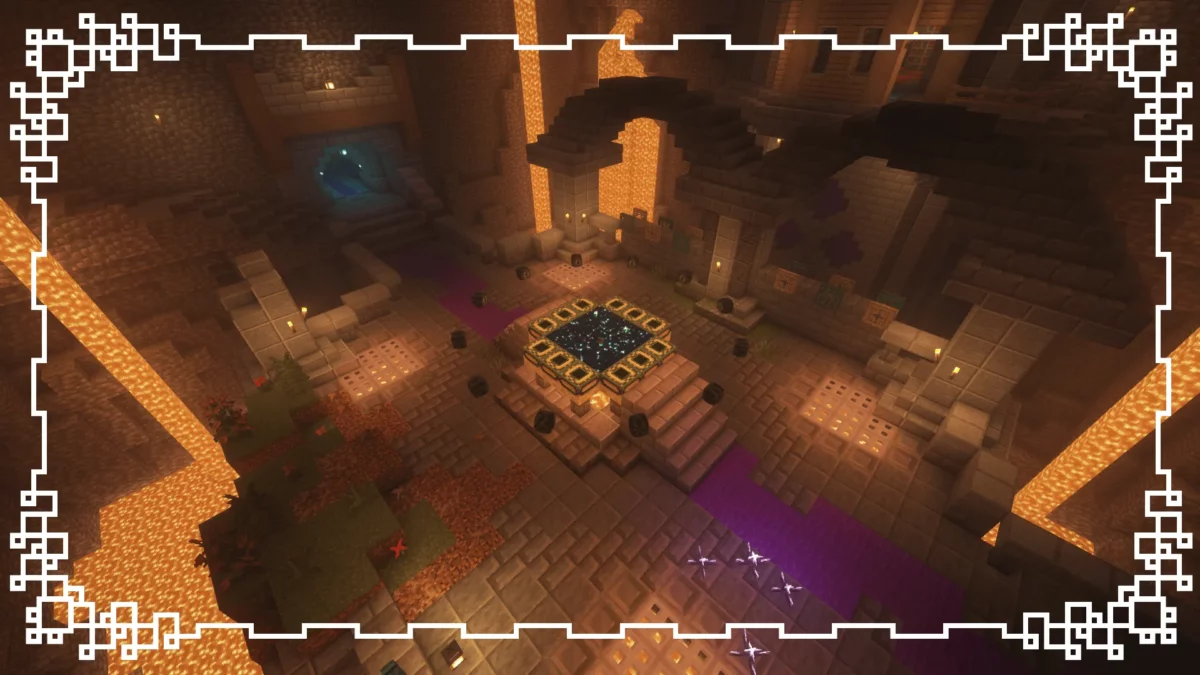 mod Minecraft Stellarity présentant une salle de portail de l’End alternative, intégrée dans une structure monumentale et entourée de lave