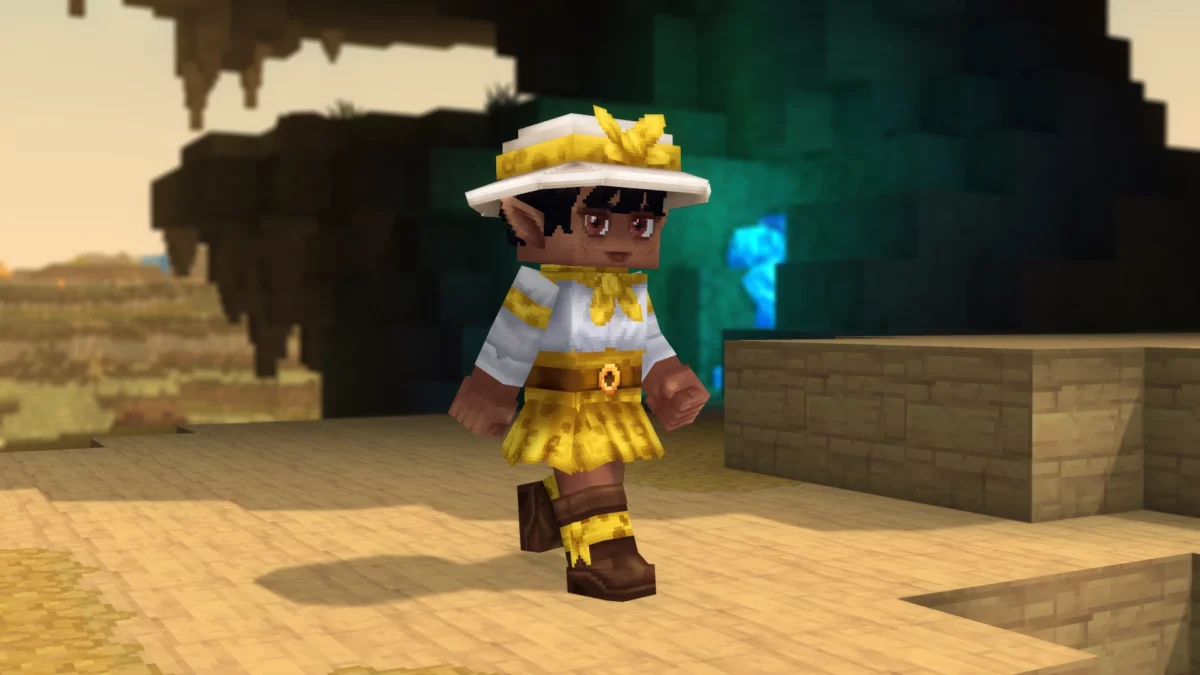 Personnage Hytale portant le Savanna Scout Set, un ensemble cosmétique aux couleurs claires adapté aux environnements arides