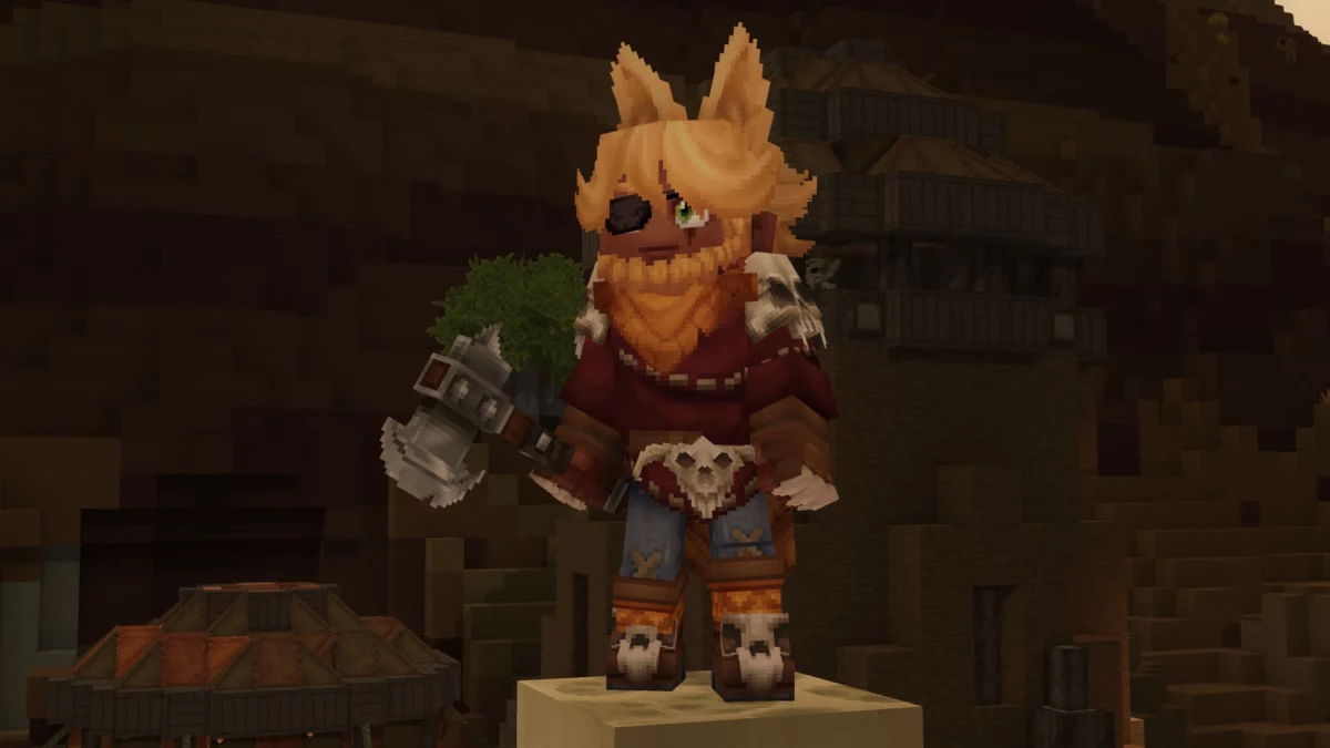 Personnage Hytale équipé du Scavenger Set, un ensemble cosmétique robuste avec bandeau, fourrure et marteau
