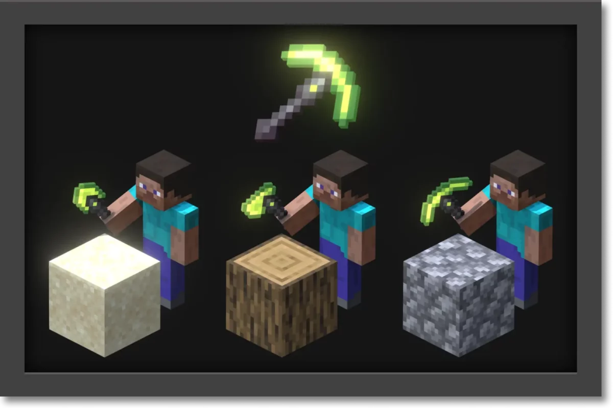 mod Minecraft Sons Of Sins montrant le Shape-Shifting Tool, un outil adaptatif changeant de forme selon le type de bloc miné