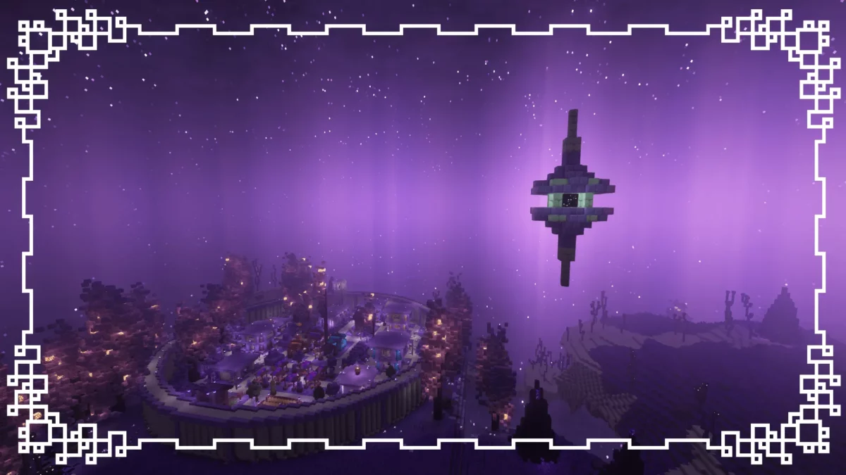 mod Minecraft Stellarity illustrant un village de l’End et une passerelle de retour, intégrés à une structure flottante