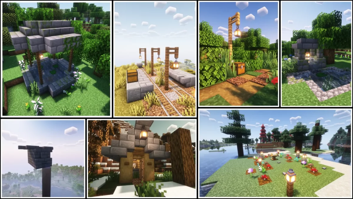 mod Minecraft MVS Moog’s Voyager Structures avec puits rare, halte ferroviaire, lampadaire avec coffre, fontaine en pierre, latrines et jardin avec pupitre