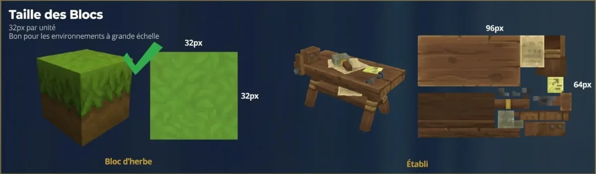 Présentation de la taille des textures de blocs dans Hytale avec une densité de 32 pixels par unité adaptée aux environnements à grande échelle