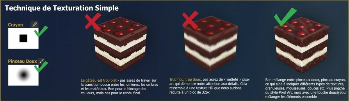 Exemple de technique de texturation dans Hytale comparant l’usage du pinceau crayon et du pinceau doux pour obtenir un rendu pixel art lisible et détaillé