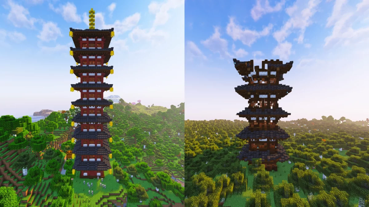 Tour Cloche et Tour Cendrée recréées dans le mod Minecraft COBBLEVERSE pour les Pokémon légendaires de Johto