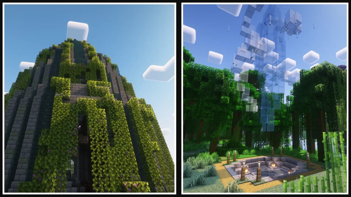 mod Minecraft MVS Moog’s Voyager Structures montrant une tour de jungle envahie par la végétation et une structure cristalline mystérieuse