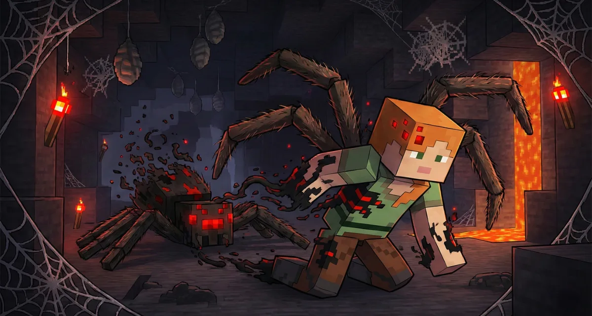 Transformation en araignee dans Minecraft avec le mod Minecraft ReMorphed, montrant un personnage adopant les capacites et l apparence du mob apres l avoir vaincu