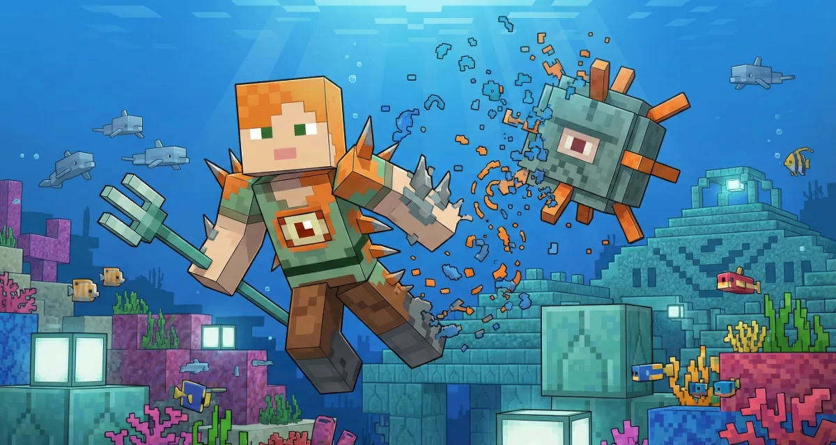 Transformation en gardien dans Minecraft avec le mod Minecraft ReMorphed, montrant un combat sous marin et l acces aux capacites du mob aquatique