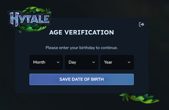 Écran de vérification de l’âge Hytale demandant la date de naissance pour continuer l’inscription