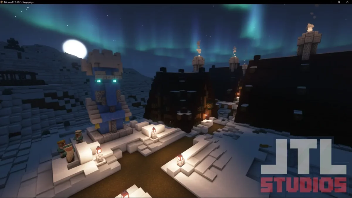 Village enneigé de nuit généré par le mod Minecraft Better Villages avec éclairage et monument central mis en valeur