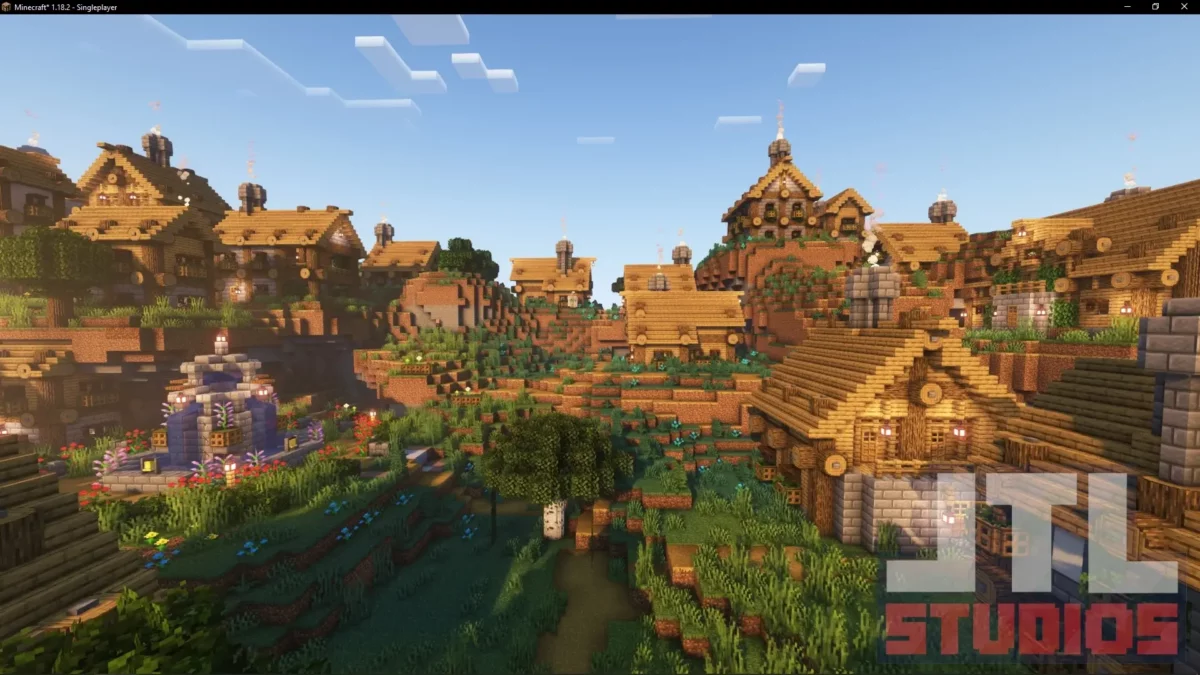 Village des plaines réaménagé par le mod Minecraft Better Villages avec des maisons en bois mieux intégrées au relief et une place centrale structurée