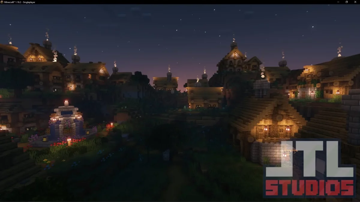 Village des plaines de nuit généré par le mod Minecraft Better Villages mettant en valeur l’éclairage et l’ambiance nocturne
