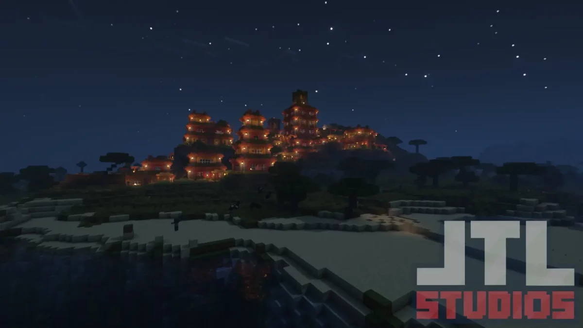 Village de savane de nuit généré par le mod Minecraft Better Villages avec éclairage des habitations sur relief