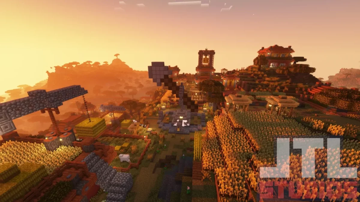 Village de savane restructuré par le mod Minecraft Better Villages avec cultures en terrasses et monument central intégré au relief