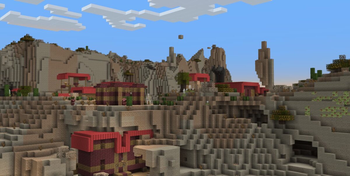 mod Minecraft Atmospheric présentant un village de scrubland avec des fruits du dragon visibles dans le décor