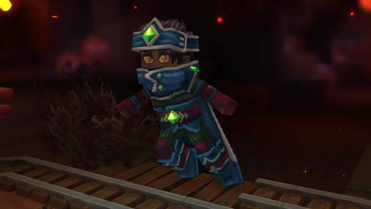 Personnage Hytale équipé du Void Hero Set, un ensemble cosmétique technologique aux accents lumineux dans un environnement sombre