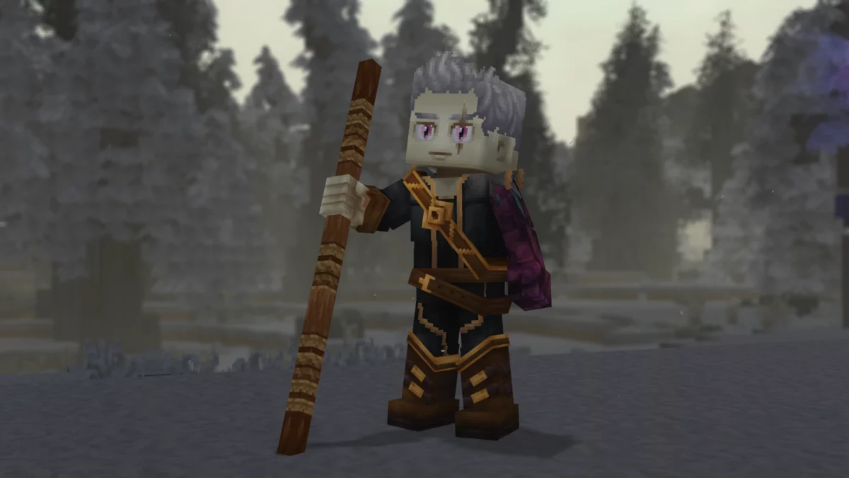Personnage Hytale équipé du Voidbearer Set, un ensemble cosmétique sombre avec bâton et éléments marqués par le vide