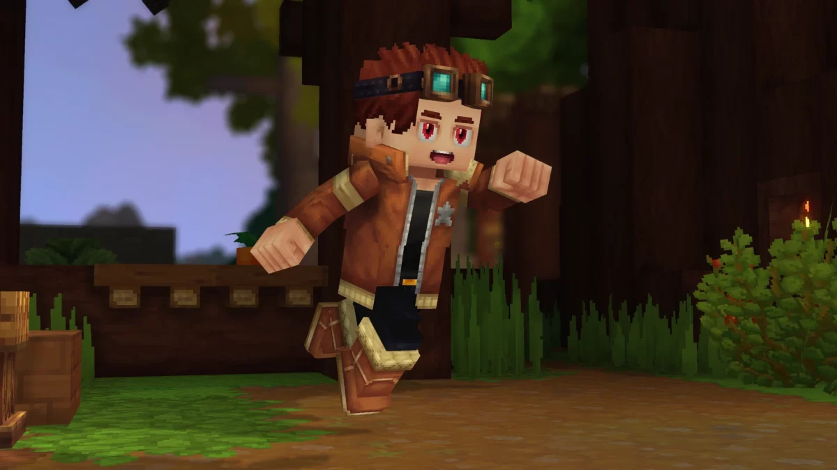 Personnage Hytale équipé du Voyager Set, un ensemble cosmétique d’exploration avec veste d’aventurier et lunettes