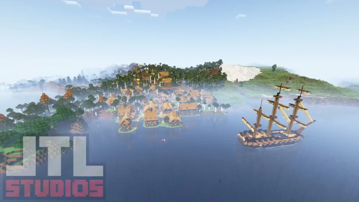Vue aérienne d’un village des plaines côtier généré par le mod Minecraft Better Villages avec implantation proche de l’eau
