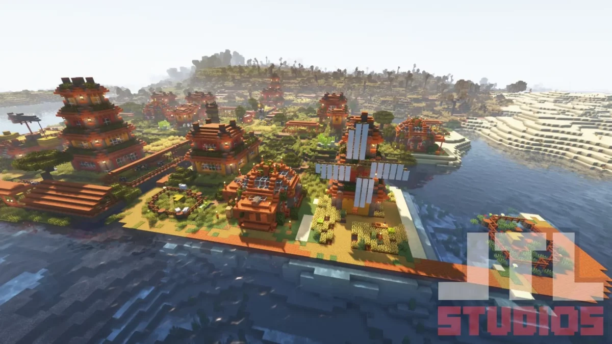 Vue aérienne d’un village de savane côtier généré par le mod Minecraft Better Villages avec habitations et moulins intégrés au paysage