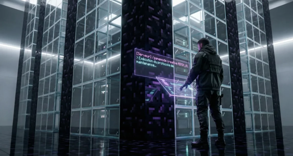 Administrateur de serveur devant des racks informatiques transformés en blocs Minecraft, avec une interface de commande holographique.