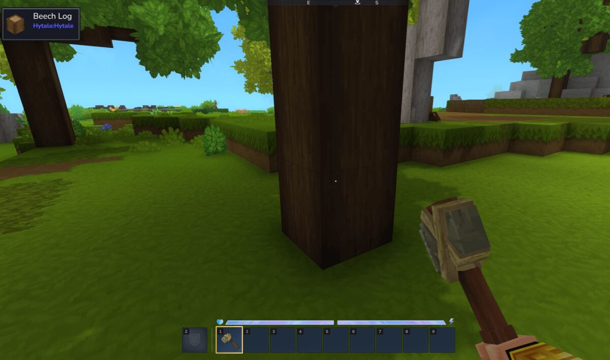 mod hytale EyeSpy affichant un HUD contextuel indiquant le nom d’un tronc d’arbre observé et son origine dans l’environnement de Hytale