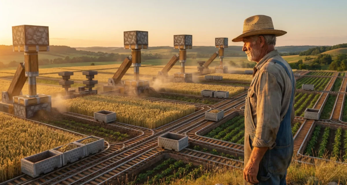 Agriculteur observant des champs Minecraft automatisés avec pistons, rails et récoltes mécanisées.