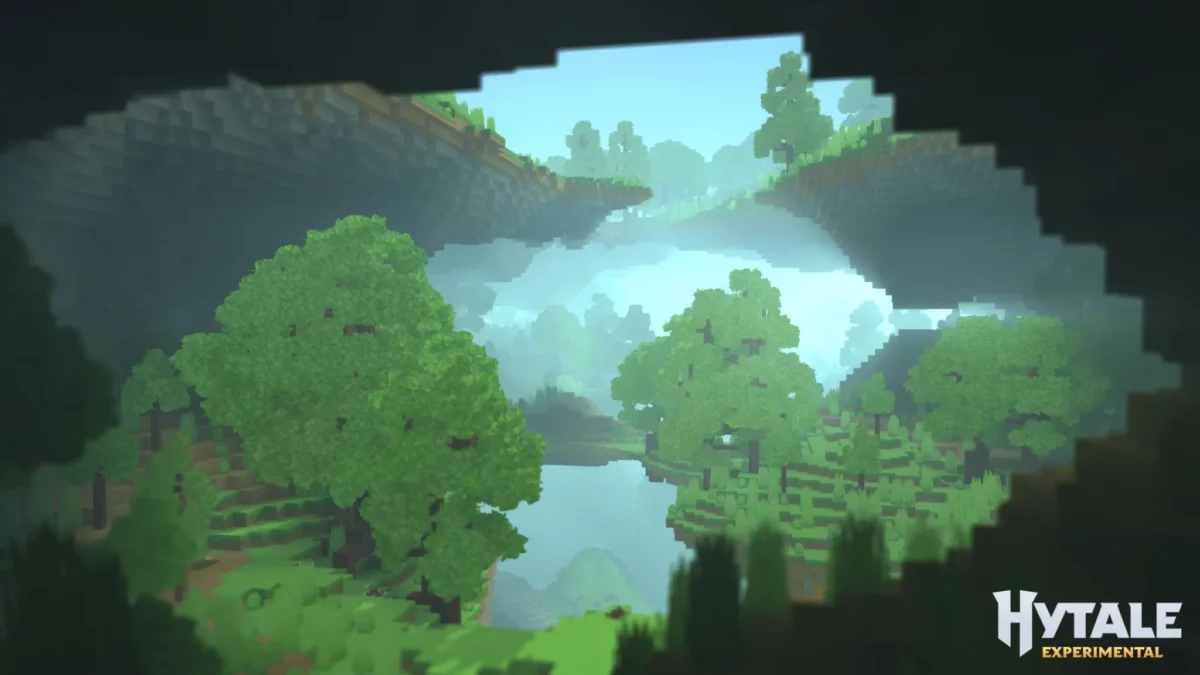 Arche naturelle géante générée dans Hytale, paysage expérimental montrant des volumes complexes et empilés