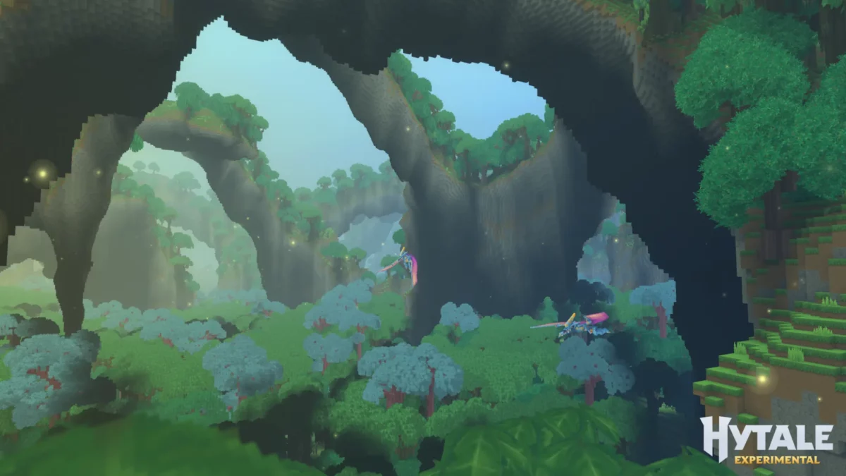 Arches naturelles géantes recouvertes de jungle dans Hytale, paysage expérimental montrant une génération de terrain verticale et organique