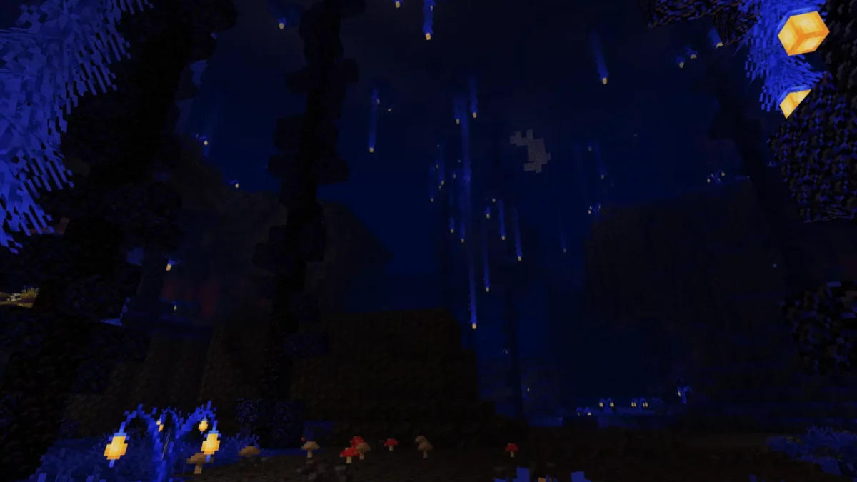 Bassin souterrain de blackstone avec végétation bleutée et éclairages naturels dans le mod Minecraft Regions Unexplored.