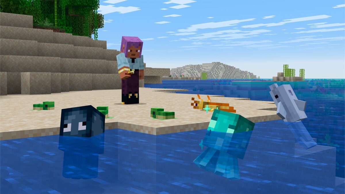 Bébés animaux aquatiques Minecraft regroupant bébé tortue, bébé axolotl, bébé poulpe et bébé poulpe luisant près du rivage