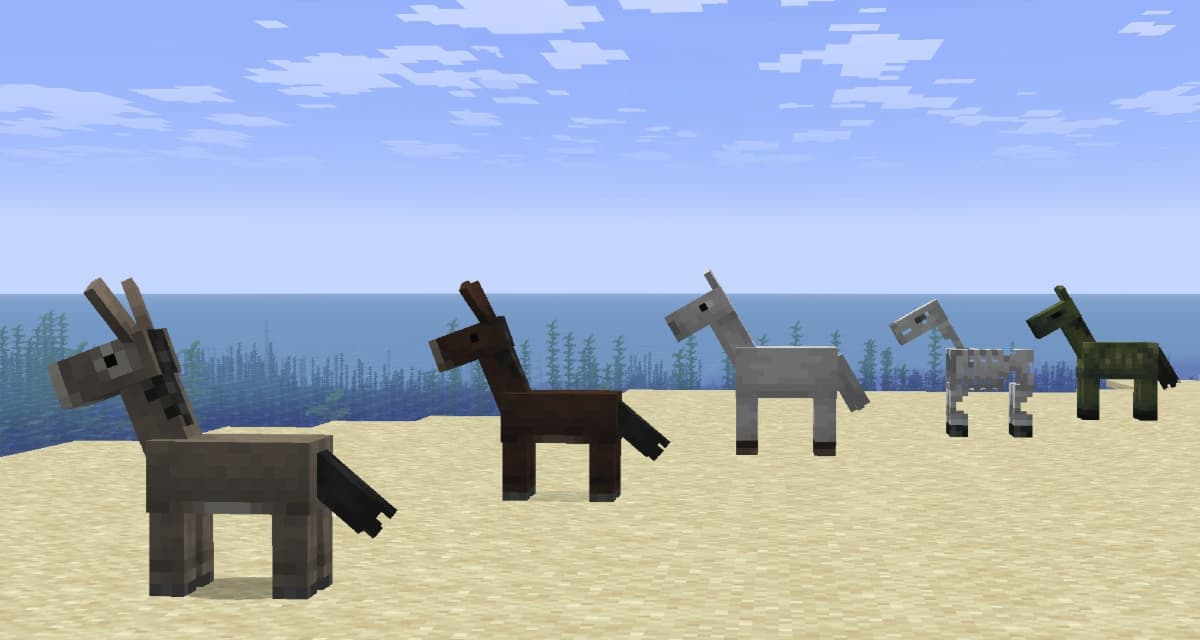 Alignement de bébés équidés Minecraft montrant les différentes variantes de poulains, ânons et montures juvéniles