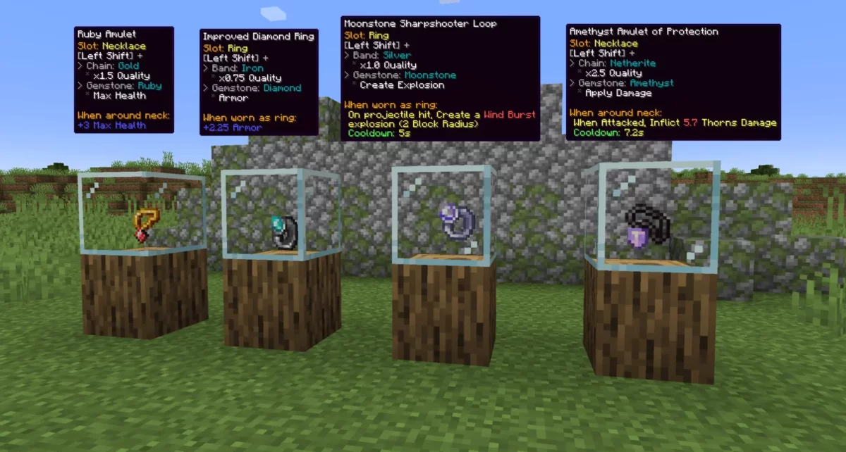 Bijoux du mod Minecraft Iron’s Gems ’n Jewelry présentés avec leurs statistiques détaillées et effets associés