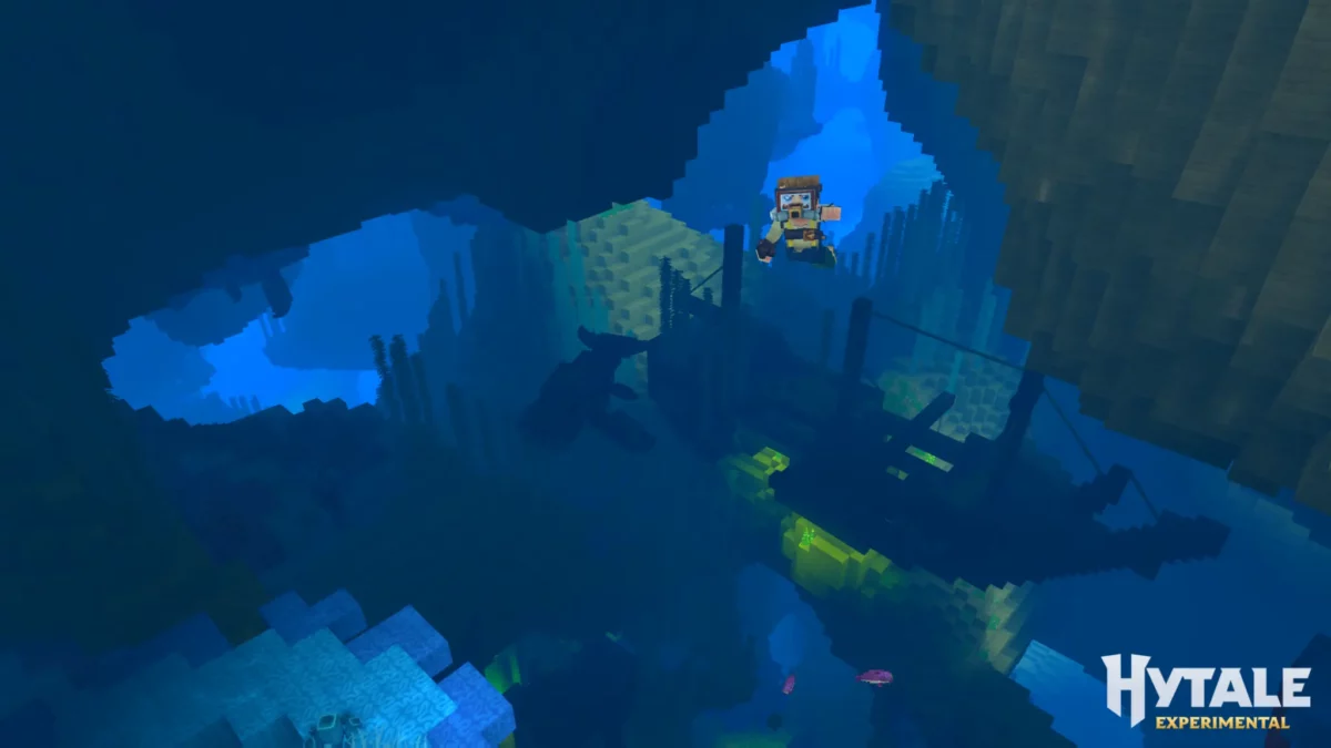 Cavernes sous-marines générées dans Hytale avec une épave, végétation aquatique et exploration en plongée