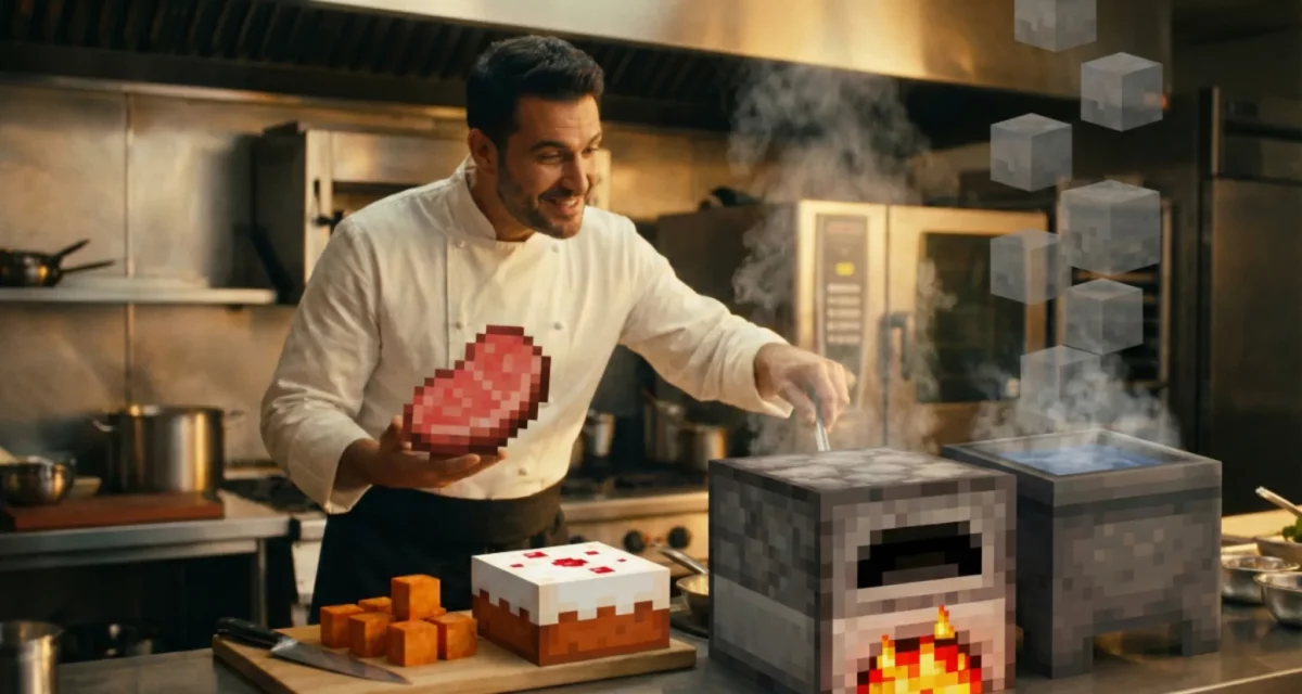 Chef cuisinier préparant des aliments inspirés de Minecraft avec un fourneau cubique et des ingrédients pixelisés.