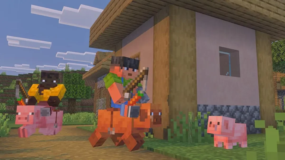 Cochonnets redessines dans Minecraft montures et variantes visuelles dans un village