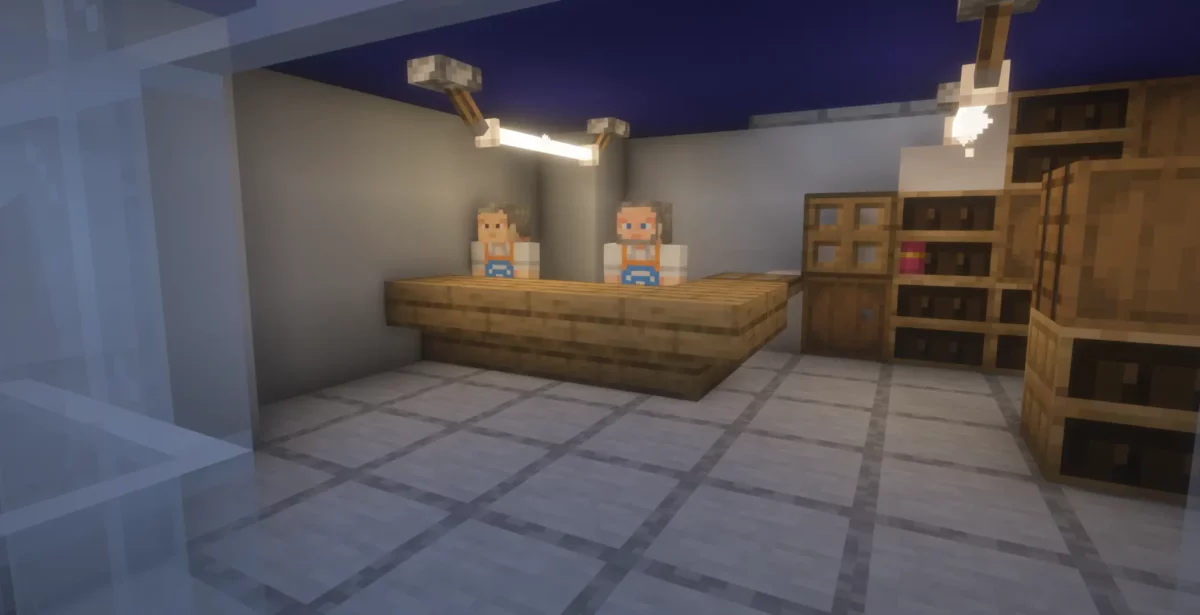 Comptoir de PokéMart avec PNJ marchands dans le mod Minecraft Cobblemon Additions, illustrant les interactions économiques du village.
