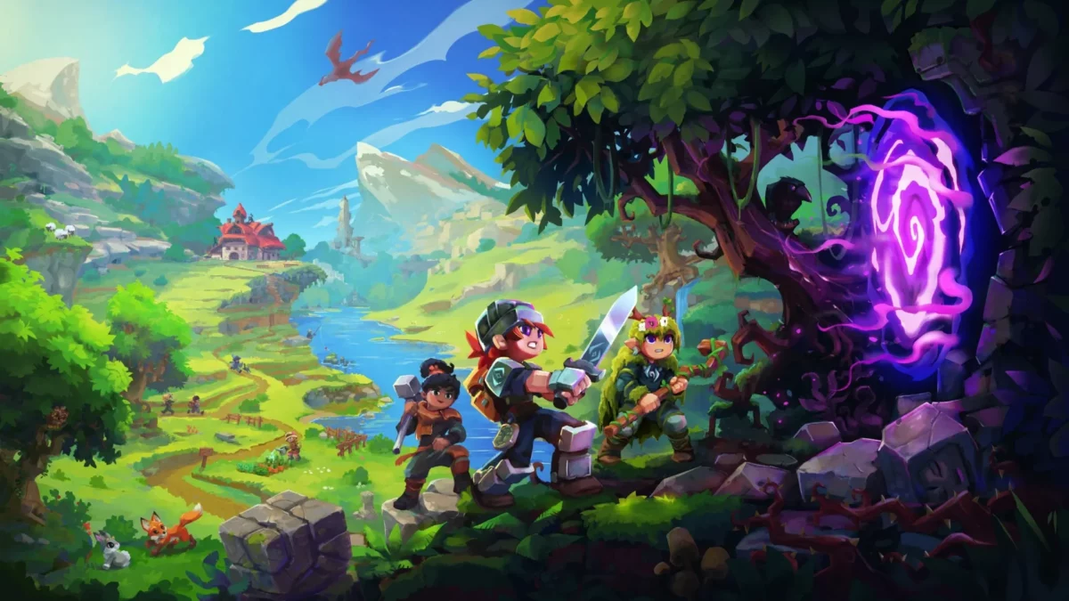 Illustration Hytale montrant un groupe explorant Orbis face a un portail violet lie au Cursebreaker.