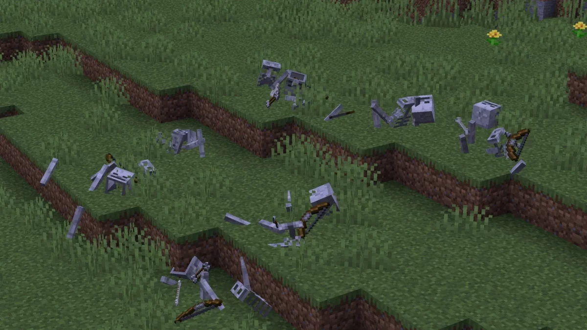Squelettes effondrés en tas d’os après leur mort dans Minecraft, illustrant l’animation physique du mod Minecraft Fresh Skeleton Physics compatible Fresh Animations