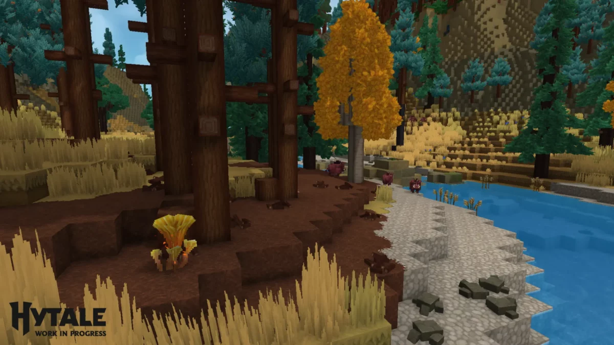 Forêt automnale dans Hytale avec arbres colorés, rivière et créatures, montrant une génération de biome riche et contextuelle
