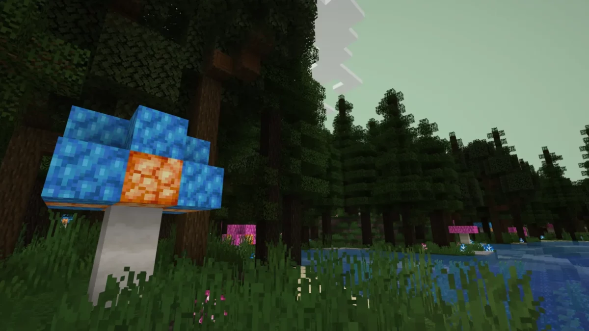 Forêt dense de blackwood avec champignons colorés et sous-bois épais dans le mod Minecraft Regions Unexplored.