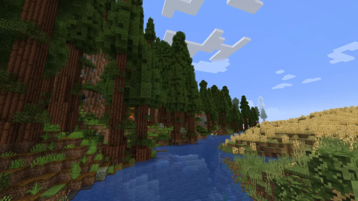 Forêt de séquoias géants traversée par une rivière générée par le mod Minecraft Regions Unexplored, avec reliefs boisés et berges naturelles.
