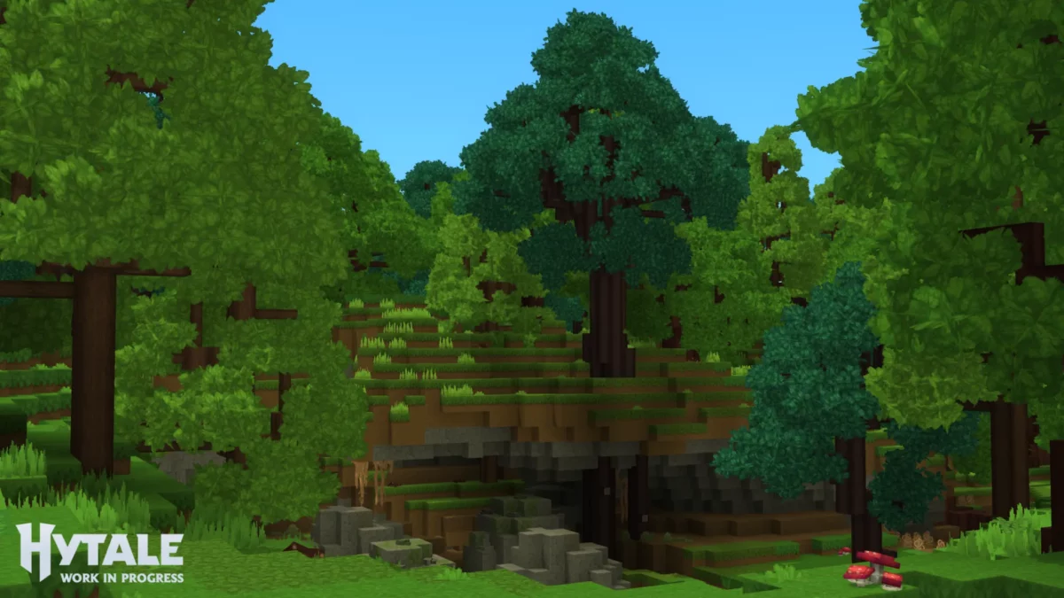 Forêt dense générée dans Hytale avec une entrée de grotte visible sous la colline, illustrant les heuristiques de génération du terrain