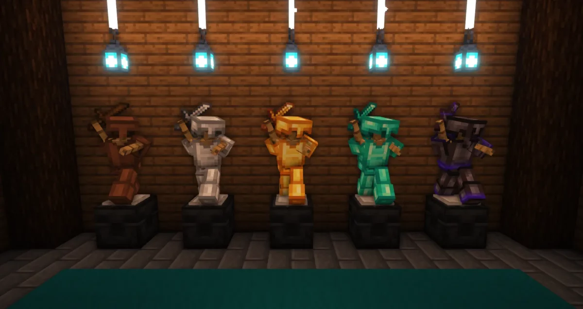 datapack Minecraft Vanilla Refresh montrant une série de porte-armures exposés avec différentes poses et ensembles d’armures dans une salle décorative