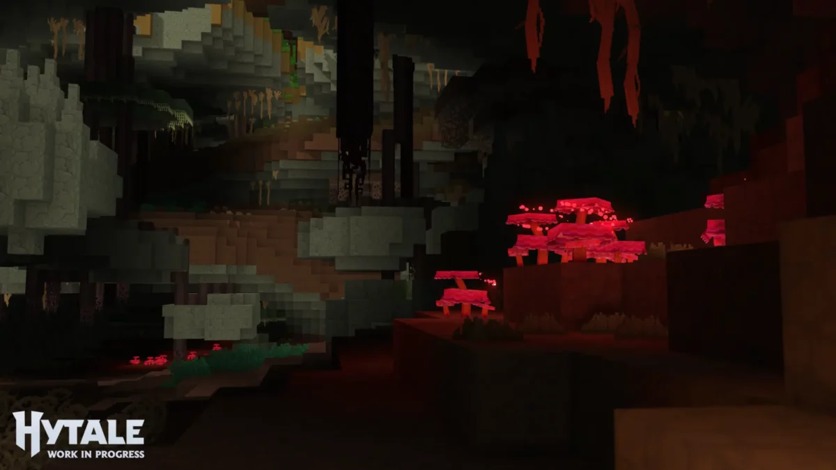Grotte profonde dans Hytale éclairée par des champignons lumineux, illustrant une génération souterraine contextuelle